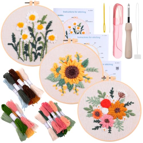 Punch Needle Kit for Adults Beginners - 3 Sets DIY Embroidery Starter Kit - color: 10-flowers A4