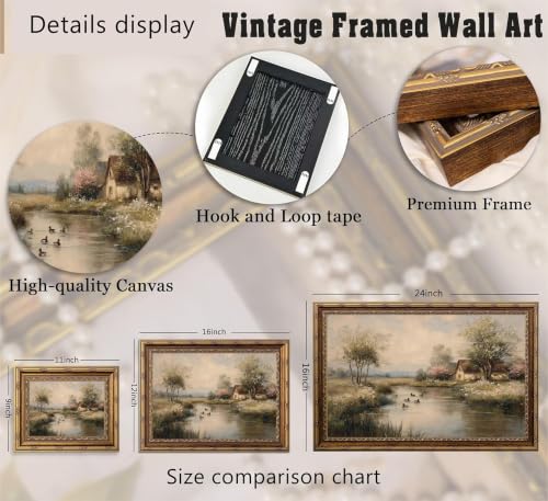 Gold Framed Vintage Cottage Canvas Wall Art Farmhouse French Country Duck Pond Landscape Painting Pictures Wall Decor Posters Prints Artwork for Bedroom Gallery Office Home Decoration - color: Pond, size: 16"L x 12"W
