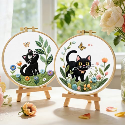 ERKOON Embroidery Kit for Beginners, 2 Set Flower Cross Stitch Set Include Embroidery Cloth Hoops Threads for Craft Lover Hand Stitch with Embroidery Skill Techniques (Cat) - color: Cat