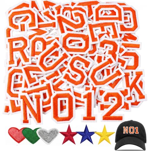 Jongdari Iron On Letters and Numbers Patches for Clothing, 2" Embroidery Alphabet Letterman Jacket Patche A-Z & 0-9 Applique for Backpack & Fabric (Orange 78pcs) - color: Orange, size: 52 Letters + 20 Numbers + 6 Patches