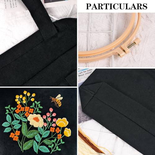 Canvas Tote Bag Embroidery Kit, Beginner Embroidery Kit for Adults, Hand Embroidery Starter kit with Floral Pattern, Arts and DIY Crafts Embroidery Kits , Cross Stitch Kit with Embroidery Bag and Tool - color: Black Yellow