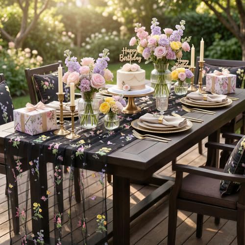 Wedding Floral Tablecloth 60" x 120" Sheer Black Wildflower Tablecloths - color: Black, size: 60"x120", 1 Pc
