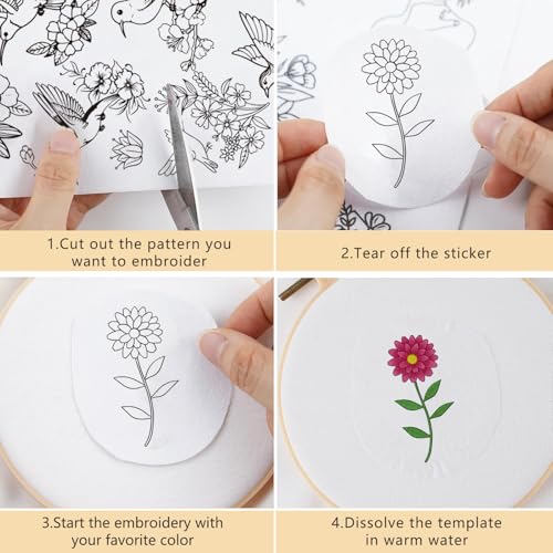 Water Soluble Embroidery Patterns Stabilizers, 4 Sheets Hummingbird Floral Stick and Stitch Papers Wash Away, Bird Animal Flower Transfers Papers DIY Crafts Gifts for Hand Sewing Lover Beginners - size: Hummingbird flower