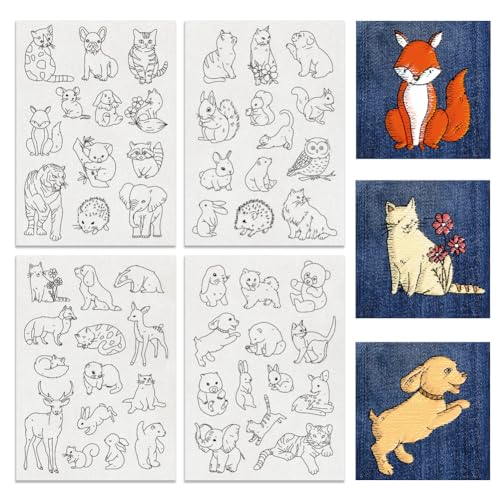 BENECREAT 4Sheets 52Pcs Animal Water Soluble Embroidery, 11.7x8.3inch Cats Dogs Rabbits Stick and Stitch Embroidery Paper Stabilizer Water Soluble Hand Sewing for Shirts, Coats, Bags - color: Cats Dogs Rabbits