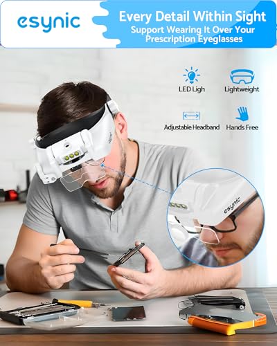 eSynic Type-C Rechargeable Magnifying Glasses Headset-Up to 14X Magnification with 5 Interchangeable Lense-3 LED Lights with 2 Adjustable Brightness Levels-Comfort & Fit Headband for Crafts/Reading