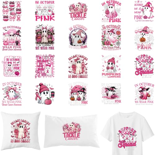 20 Pcs Halloween Breast Cancer Awareness Iron on Transfers for T Shirts - color: Pink Ghost