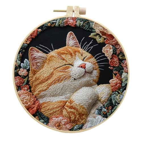 LB 3 Pack Orange Cute Cat Embroidery Kit for Beginner Adults - color: Orange Green