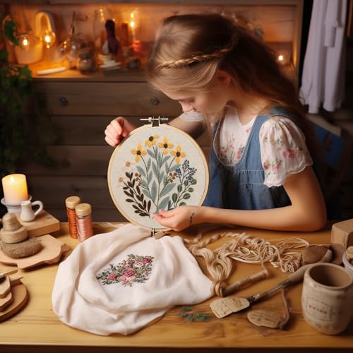 Bonroy 4 Sets Embroidery Set for Beginners, Art Craft, Easy Sewing, Includes Embroidery Clothing, Pattern, Embroidery Hoop, Instruction Manual, Colorful Thread Stitch Set (11) - color: flowers 11