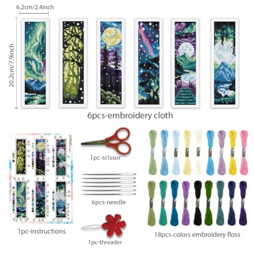 BEUNITONE 6 Pcs Landscape Bookmarks Cross Stitch Kits for Adults Beginner Scenery Cross Stitch Bookmark Kit Aurora Needlepoint Bookmark Kit Stamped DIY Embroidery Kit with Instructions 2.4x8 in - style: Dreamy Landscape