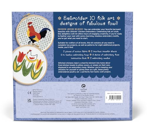 Stitchin' Chicken Embroidery Kit: Includes Cotton Fabric, 6” Embroidery Hoop, Embroidery Floss, 2 Embroidery Needles, Instruction Book, Pattern Transfer Sheets