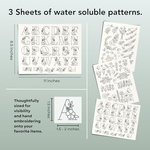 Stick and Stitch Embroidery Patterns, Floral/Alphabet Designs, Water Soluble Embroidery Stabilizer Transfer Paper, Beginner Hand Embroidery Kit for Gifts (Floral / 3 Pages) - color: Floral