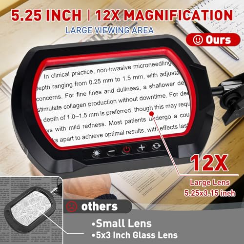 HITTI 12X Square Ultra Long Magnifying Glass with Light and Clamp - color: Red, size: 12X