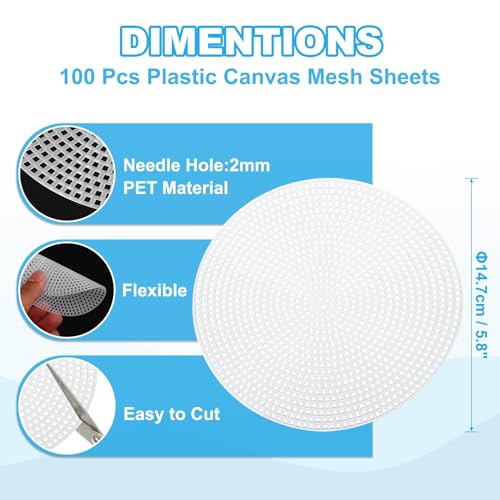PATIKIL 5.8" Round Circle Plastic Canvas Mesh Sheets, 100 Pcs Eye Mesh for Embroidery 2mm Holes with Needlepoint Blank for DIY Crafting Wreathing Coasters Card Holder - size: 5.8"