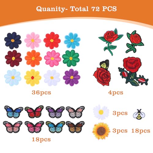 72 Pcs Flower Iron on Patches Colorful Butterfly Embroidered Iron On Patches for Clothing Sewing Patch Cute Daisy Flower Bee Applique Patch for Clothing Jackets Jeans Pants Hats Backpacks