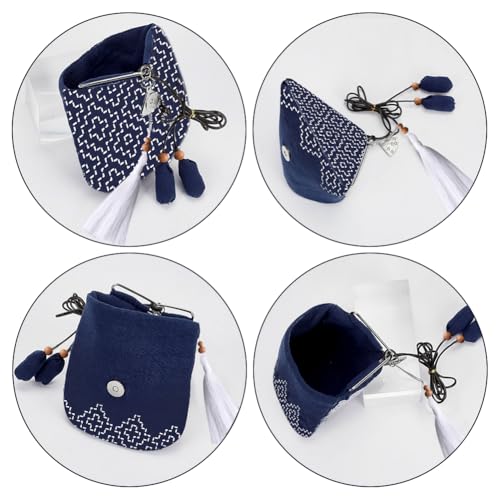 ACRNIGHEET Sashiko Coin Purse Kit Beginner Persimmon Blossom Embroidery Kit with Printed Sashiko Fabric Coin Purse Kit with Instructions Sashiko Kit for Beginners Traditional Japanese Sashiko DIY Kit