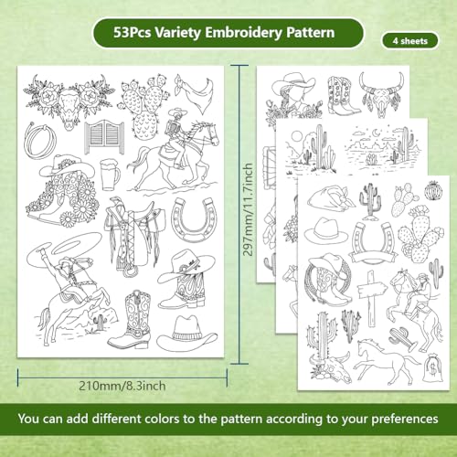 BENECREAT 4Sheets 53Pcs Cowboy Water Soluble Embroidery, 11.7x8.3inch Cowboy Boy Desert Scene Stick and Stitch Embroidery Paper Stabilizer for Shirts, Coats, Bags - style: Cowboy