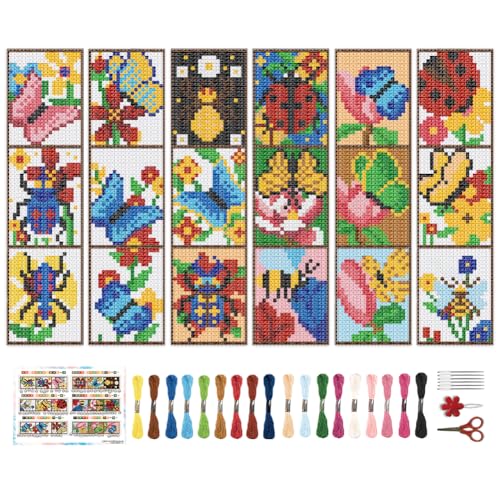 BEUNITONE 6 Pcs Insects Cross Stitch Bookmark Kits for Beginners Bookmark with Butterflies Dragonflies Pattern Counted Cross Stitch DIY Stamped Embroidery with Instructions for Book Lover 8''x2.4'' - style: Triple Grid Mixed