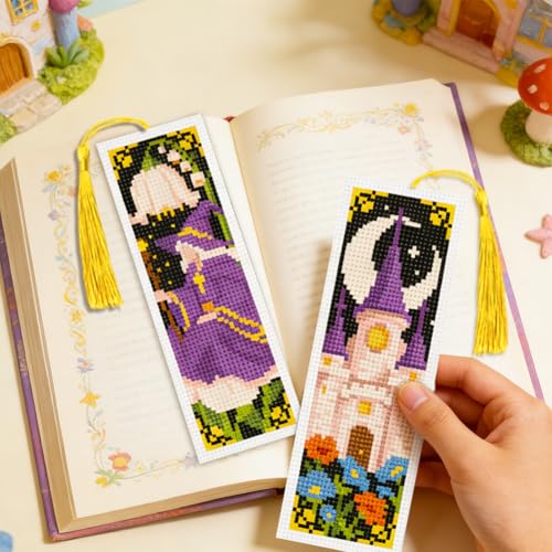 ACRNIGHEET 6PCS Cross Stitch Bookmark Kit for Beginner Fairy Tale Stamped Cross Stitch Kits Needlepoint Kit for Adults DIY Tassel Embroidery Bookmark Kits with Instructions Craft Gift 8.5"x3" 11CT - style: Fairy Tale Patterns