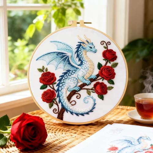 BEUNITONE 6 Set Embroidery Kits for Beginners with Dragon Pre-Print Pattern - style: Dragon