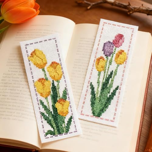 ORIGACH 6 Set Tulip Cross Stitch Bookmark Kit for Beginner - style: Tulip
