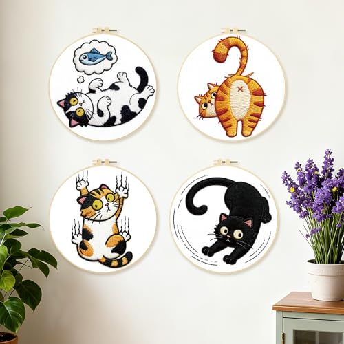 BEUNITONE 4PCS Fun and Funny Cat Embroidery Kit for Beginners, Cute Pre-Print Cat Pattern Hand Embroidery Kits with Hoop and Instruction, DIY Needlepoint Craft Kit for Gifts and Home Decor - style: A-Cat-02
