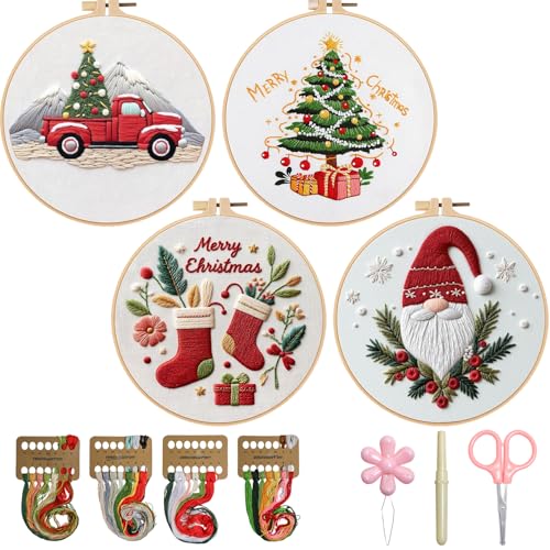 TPZBWG Christmas Embroidery Kit, 4 Pack Cross Stitch Kits,DIY Embroidery Starter Kit for Adults & Beginners, DIY Needlepoint Kit with Embroidery Hoop Thread Needle for Craft Lover Birthday Gifts 1 - color: Christmas-4 Set1