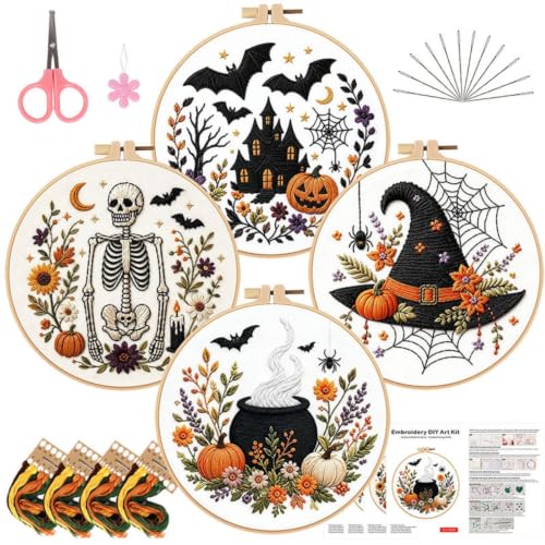 FEIYUENO 4 Pack Halloween Pumpkin Embroidery Kits for Beginners Adults - color: Halloween