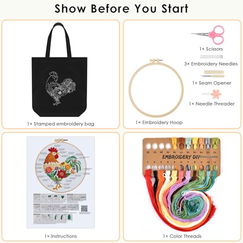 ERKOON Canvas Tote Bag Embroidery Kit for Beginners, Needlepoint Arts Crafts Cross Stitch Kits for Adults Including Stamped Embroidery Bag with Hoops, Needle, Instruction and Color Threads (Rooster) - color: Rooster