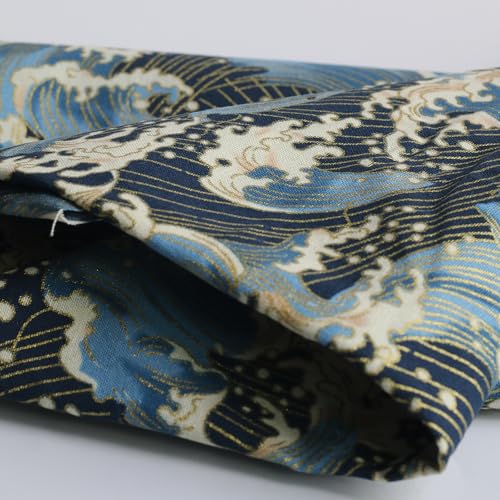 Sea Wave Fabric,160 GSM Japanese Blue Cotton Fabric Gold Hot Stamping,59 Inches Wide for Sewing Clothing Bag Tablecloth Sofa Pillow DIY Craft (Cut by the Yard) - color: Sea Wave, size: 1 yard