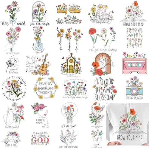 Whaline 30 Pcs Wild Flower Iron On Transfers Patches Wildflowers Butterfly Heat Transfer Iron Patches Vintage Floral Print Heat Transfer Stickers for Spring Summer T-Shirts Clothing DIY Craft Decor - style: Vintage Flowers