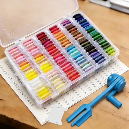 Shuielai Embroidery Cross Stitch Thread Organizer, 36-Grid Removable Box with 50 Plastic Bobbins, 2 Numbered Sticker Sheets, Blue Bobbin Winder for DIY Craft