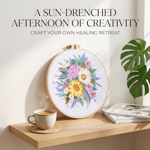 Harimau Adult Beginner Embroidery Starter Kit, Complete Set with 4 Patterns, 2 Hoops, Needles, Scissors, Instruction Guide & Stitching Video Tutorials - color: Floral Pattern