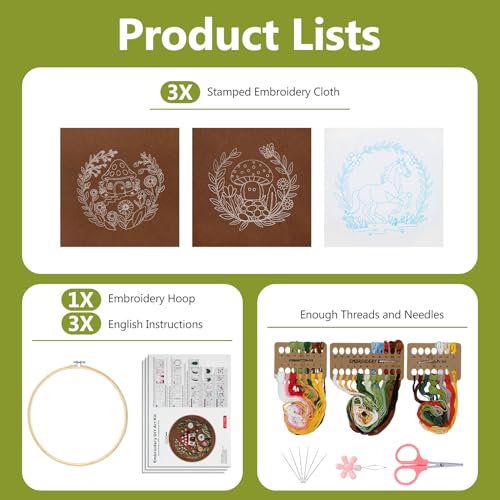 Santune 3 Pack Embroidery Kit Cross Stitch Needlepoint Kits for Beginners Adult Needle Point Sets with Mushroom & Horse Embroidery Patterns, Includes Step-By-Step Instructions & Accessories - color: Mushroom & Horse Series
