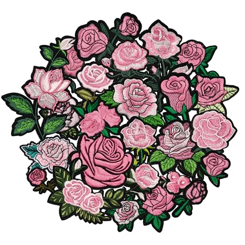 25PCS Pink Rose Iron on Patches, Embroidered Floral Applique Patches for Jackets, Jeans, Hats, Backpacks and Tote Bags - color: pink