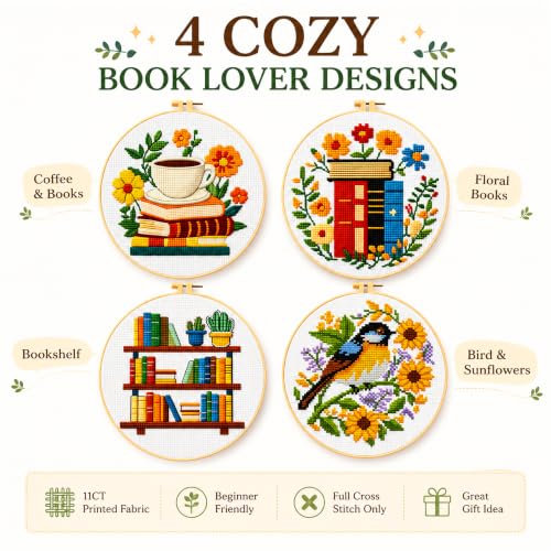 Zhenqing 4 Pack Book Lover Stamped Cross Stitch Kit for Beginners - color: 4 cozy book, flower and bird