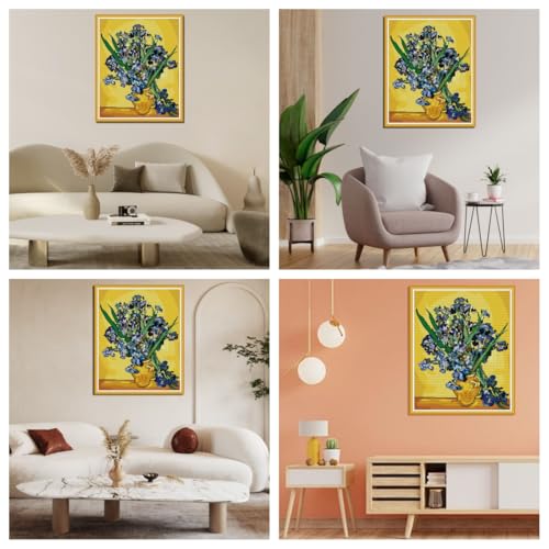 IUHUI 14 Count Stamped Cross Stitch Kits for Beginners Adults, Still Life Iris of Van Gogh Pre-Printed DIY 14ct Embroidery Sewing Starter Kit Needlework Easy Patterns Famous Paintings - color: Still Life Iris