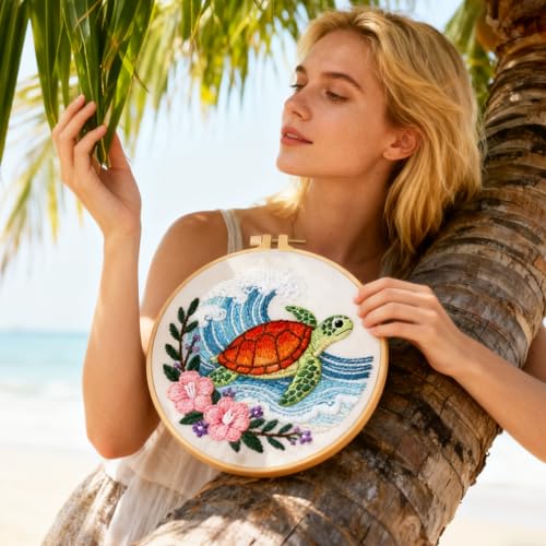 BEUNITONE 4 Sets Sea Turtle Embroidery Kits for Beginners DIY Craft Kits for Adults with Printed Patterns, Hoops and Instructions, Hibiscus Flower Needlepoint Kits for Clothing and Home Decor - style: A-Sea Turtle