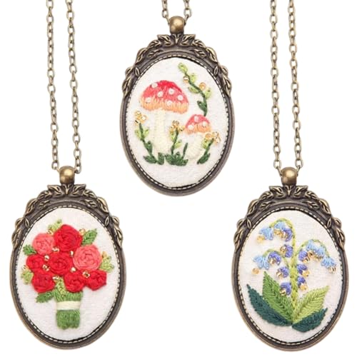 SUNNYCLUE DIY 3 Sets Embroidery Necklace Kits Mini Cross Stitch Kit with Hoop Paper Instructions Embroidery Flower Pattern Pendant Necklaces for Jewelry Making Supplies Adult Beginners Starter Crafts - style: Flower 1