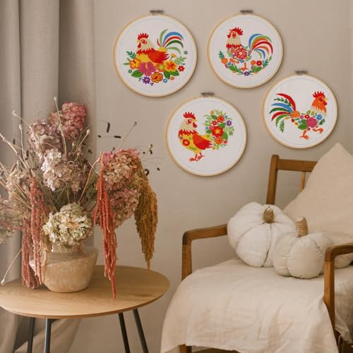Rivvlive 4 Sets Funny Rooster Embroidery Kit with Embroidery Hoop Pattern Needlepoint Kit for Beginners and Adults Needlepoint Crafts Set with Needles Thread and Instruction DIY - style: Rooster