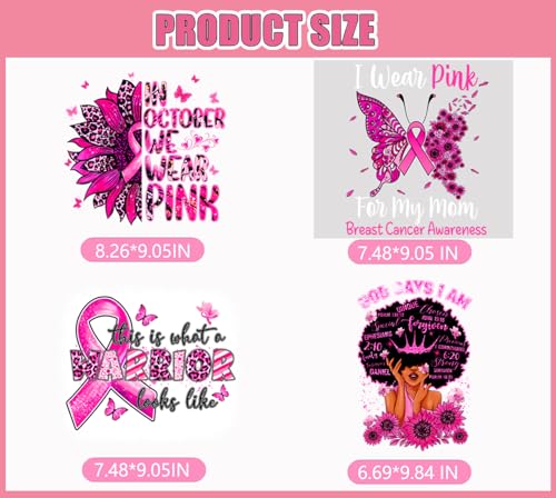 4 Sheets Breast Cancer Awareness Iron on Transfer Patches Pink Ribbon Iron on Patches Stickers Heat Transfer Vinyl Decals with Women Sunflower Design Iron on Appliques T-Shirt Pillow Cover DIY Decor - color: G