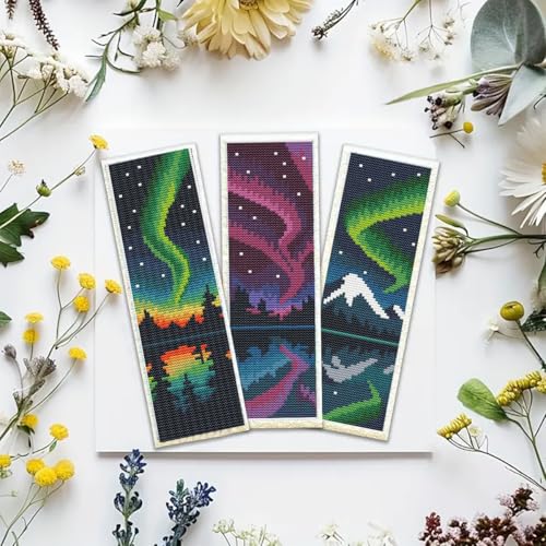 5PCS Cross Stitch Bookmark Kit for Adult Beginners Aurora Borealis DIY Cross Stitch Kits Adult Stamped Bookmark,14CT Embroidery Kit with Instructions,Ornaments for Gifts