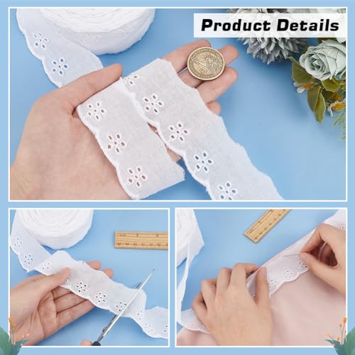 FINGERINSPIRE 15 Yards Cotton Lace Trim 1-5/8 inch White Cotton Eyelet Lace Ribbon Floral Embroidery Ruffle Trim Wavy Edge Floral Ribbon for Sewing Dresses Clothes Bag Pets Clothes - color: White