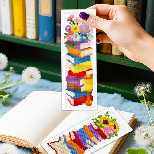 ORIGACH 6 Set Stacked Books & Flower Cross Stitch Bookmark Kit for Beginner - style: Stacked Books & Flower