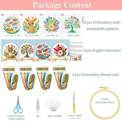 Zhenqing 4 Pack Nature Stamped Cross Stitch Kit for Adults and Beginners, 11CT Printed Fabric Deer Tree Fish Flower Patterns with Hoop, Threads, Needles, Scissors, Threader, Guide - color: Deer Tree Fish Flower