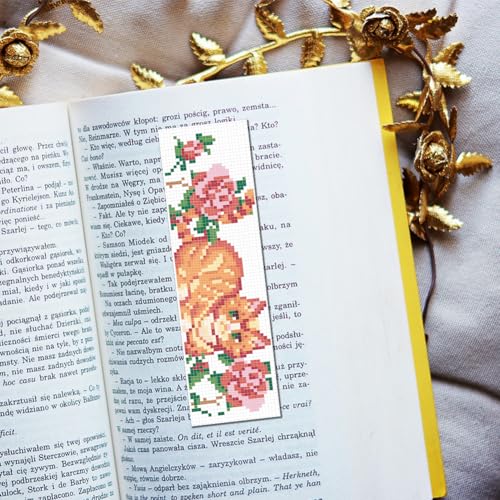 FREEBLOSS 6 Set Cat Cross Stitch Bookmark Kits Rose Pattern Stamped Cross Stitch Kit DIY Embroidery Kit Bookmark Craft Kit with Instructions for Beginners 6x20cm - style: Cats&Flowers