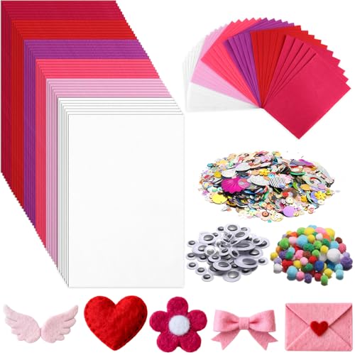 gisgfim 42Pcs Valentine's Day Pink-Purple Felt Fabric Sheet Craft Kit 8 x 12 Inch Assorted Soft Pink Felt Pack with Wiggle Eye Stickers Pom Poms Glitter Craft Supply for DIY Sewing Creative Art Deco - style: Valentine's Day Series