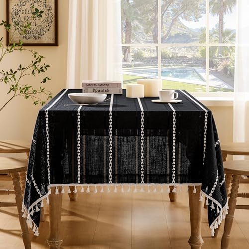 ZeeMart Hemstitched Striped Boho Table Cloth, 60x84 Inch Black - color: Black, size: 84" x 60" (Rectangular)