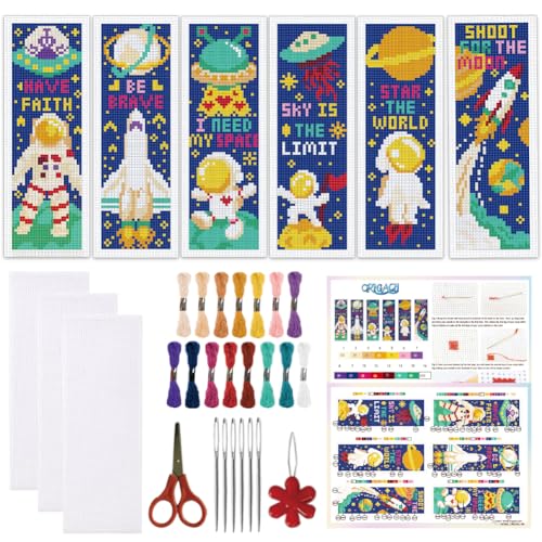 ORIGACH 6 Set Space Astronaut Cross Stitch Bookmark Kit for Beginner - style: Astronaut & Planet Rocket