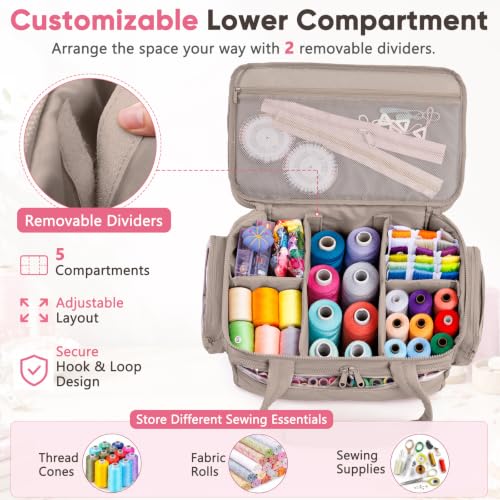 AMOIGEE Puffy Double-Layer Sewing Storage Bag with 2 Clear Organizer Boxes - color: Greige