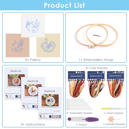 ERKOON 3 Sets Embroidery Kit, Floral Cross Stitch Set for Include Embroidery Cloth Hoops Threads for Craft Lover Hand Stitch (Rooster) - color: Rooster